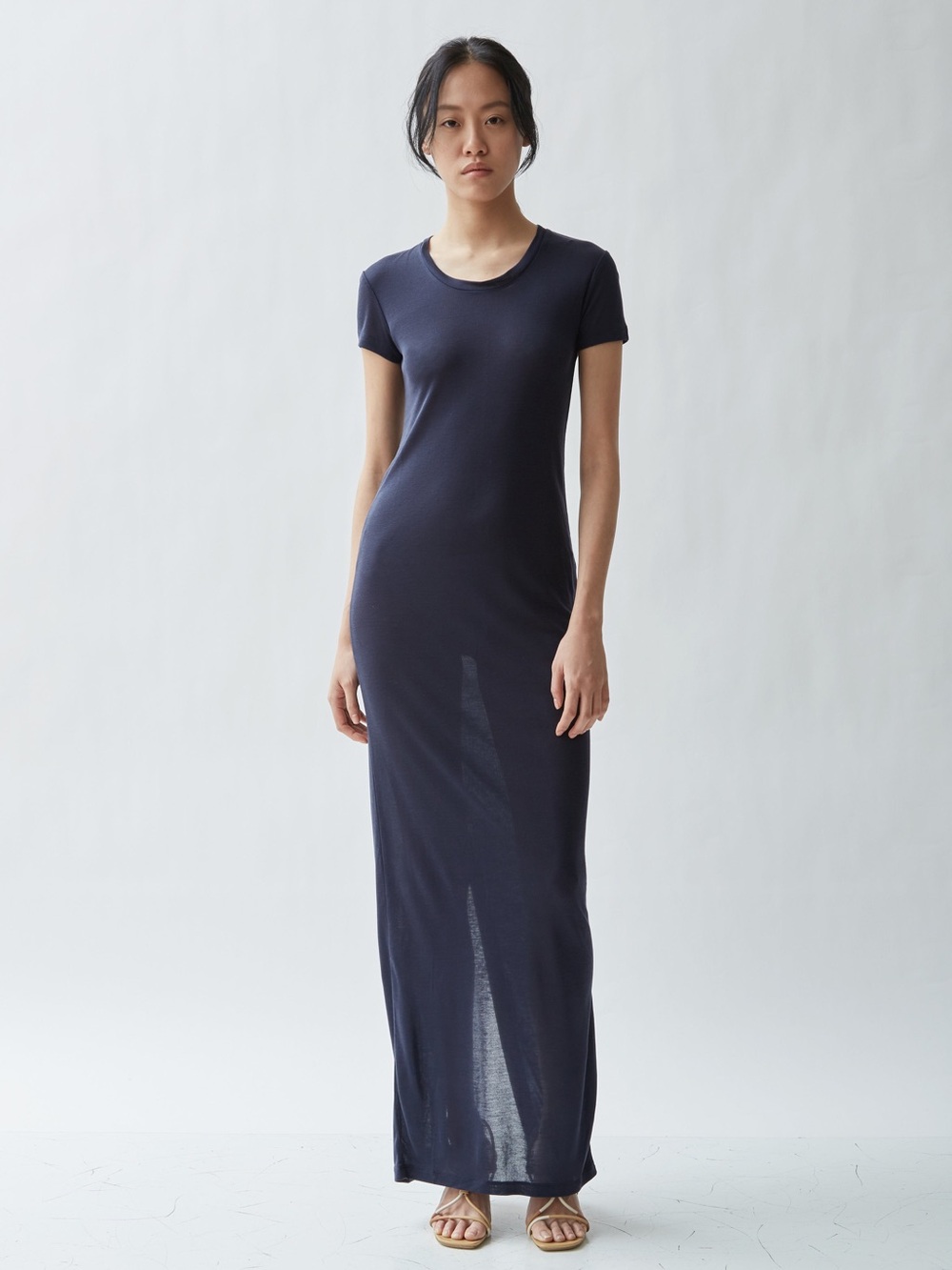 Jacquemus La Robe Maglietta Sheer Navy Blue Knit Short-Sleeve Maxi Dress
